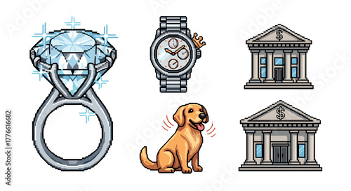 Pixel art icons jewelry, dog, and bank buildings