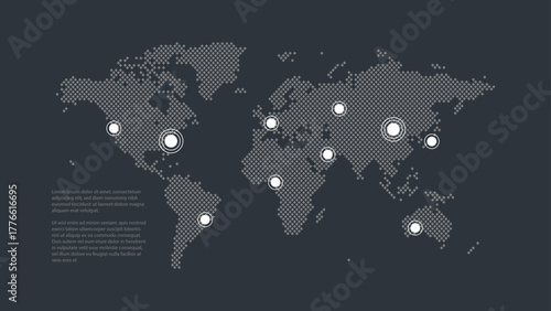 World map background. Sample text. Infographic element for global business, web design, presentation, event, page, media, news, report, template.  Gray vector illustration