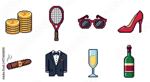 Pixel art icons of luxury fashion, finance, and leisure essentials