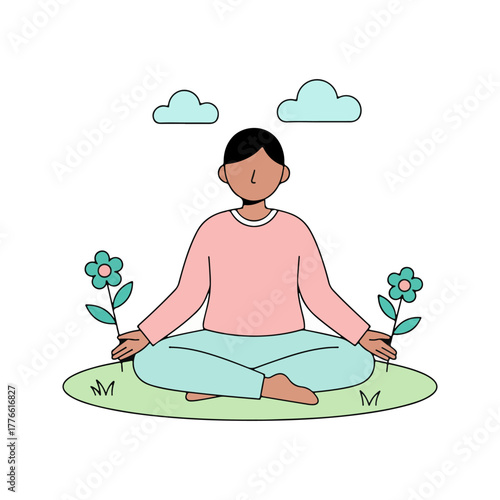 A serene cartoon illustration of a person with dark hair meditating in a lotus position on a patch of grass, surrounded by two flowers and two stylized clouds, against a white background.