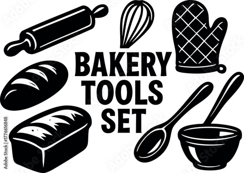 Bakery tools set with rolling pin whisk oven mitt bread loaf spoon and bowl vector illustration design