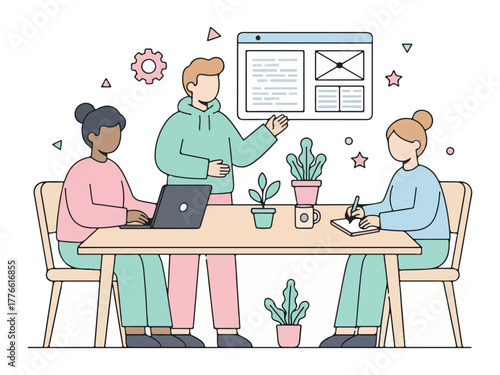 A vibrant cartoon illustration showing three people collaborating around a large table with a laptop and documents, with one person presenting, depicting a team meeting or creative discussion.