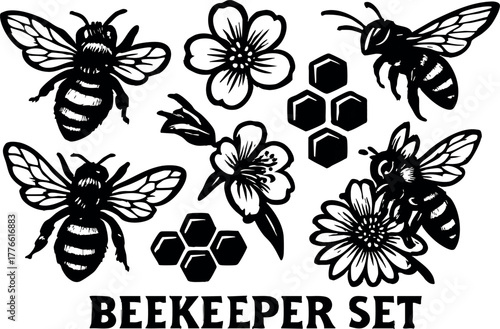 Beekeeper set with bees flowers honeycombs and nature elements black line art vector illustration