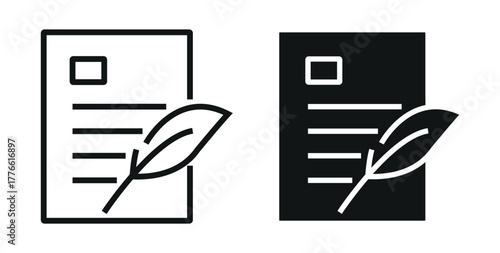 pen and document. pen and paper. document with feather icon. writing or eco paper symbol. minimalist paper and quill pen sign for creative writing, content creation, contract signature UI and UX.