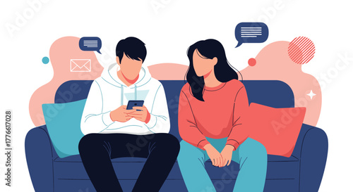 A couple sits on a couch, one absorbed in their phone while the other looks on, highlighting modern communication challenges and digital distraction.