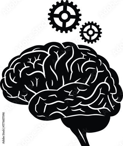 Brain Power Thinking Process Gears Mechanism Concept Silhouette on Transparent Background Vector Illustration