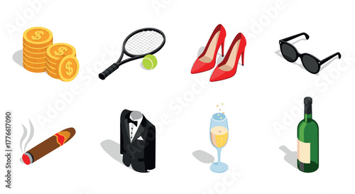 Luxury lifestyle icons tennis, fashion, and leisure in isometric style