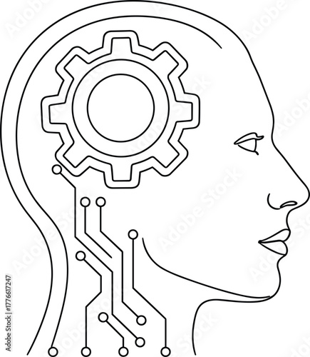 Artificial Intelligence Human Head Profile with Gear and Circuitry Outline on Transparent Background