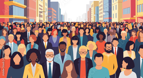 A diverse crowd of people gathered on a bustling city street, representing community and urban life.
