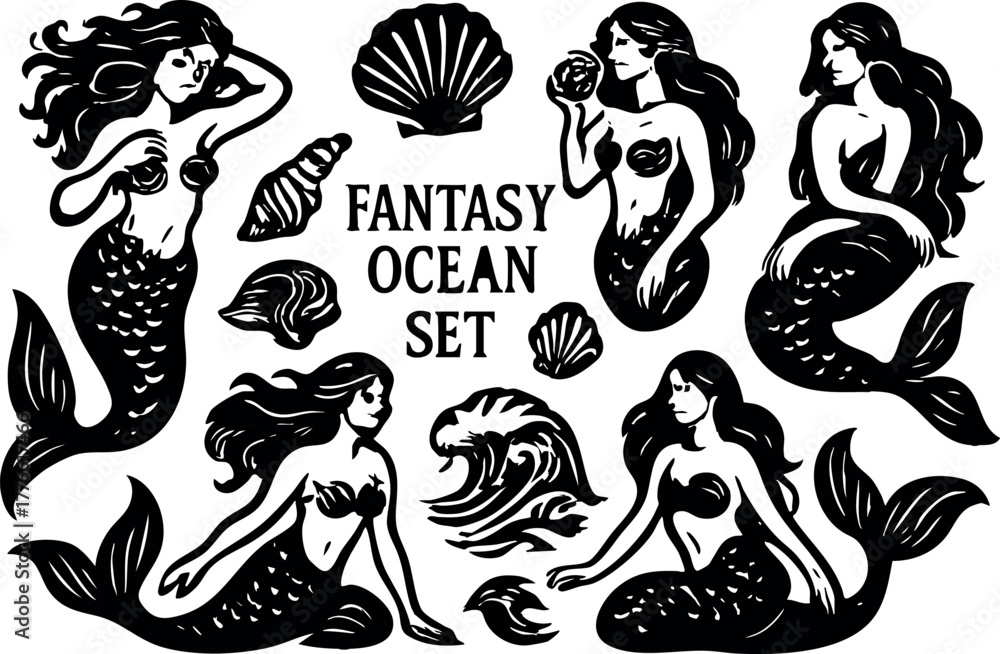 Fototapeta premium Fantasy ocean mermaids and sea shells vector set with waves and conch shell illustrations in black and white style