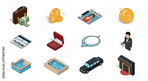 Luxury icons collection with money, jewelry, and fashion elements in isometric style