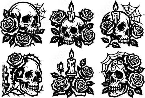 Skull with roses and candles vector set of gothic black and white tattoo style illustrations for decoration and design