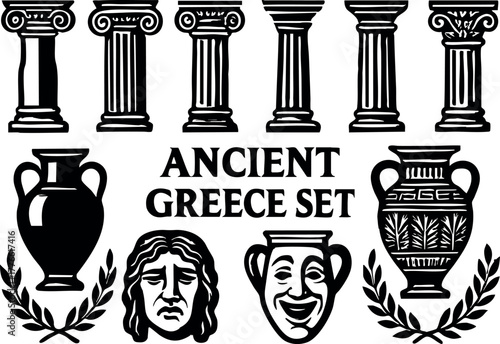 Ancient Greece set with classical columns vases theatrical masks and laurel wreaths vector illustration