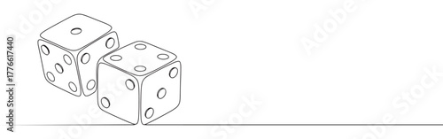 A continuous line drawing featuring two dice, symbolizing chance and gaming on a plain white background.