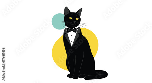A sophisticated black cat dressed in a tuxedo and bow tie, sitting elegantly with vibrant abstract circles in the background.