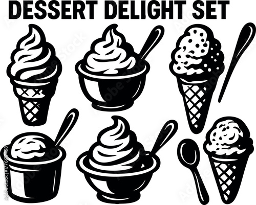 Dessert delight set with ice cream cones and bowls in black and white vector collection