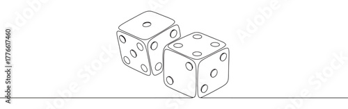 A continuous line drawing featuring two dice, symbolizing chance and gaming on a plain white background.