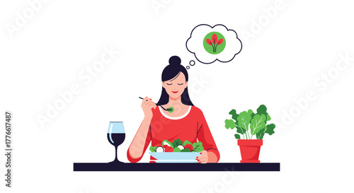A woman enjoys a healthy salad with a glass of wine at a table, contemplating the benefits of a plant-based diet.