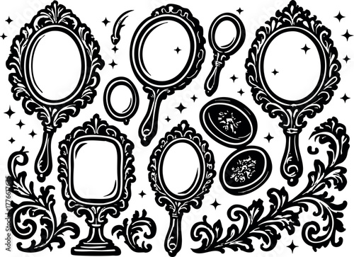 Vintage ornate hand mirrors and decorative frames vector set with elegant floral design elements and sparkling details for classic decoration