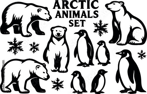 Arctic animals set featuring polar bears and penguins in black and white style with snowflakes vector illustration