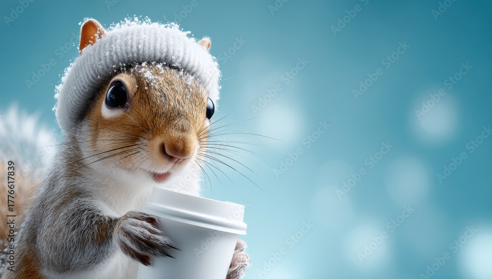Obraz premium Squirrel in winter hat enjoying hot coffee, keeping warm during cold season, cozy animal portrait with copy space