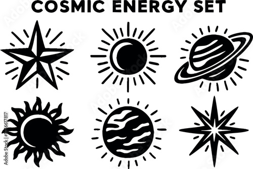 Cosmic energy vector set with sun, moon, star, and planet icons in black and white style for mystical and celestial design purposes