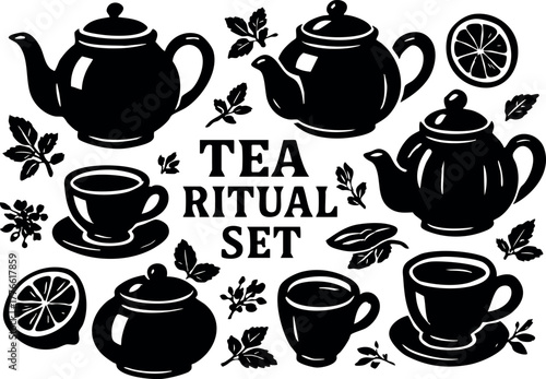 Tea ritual set with teapots cups and citrus slices in black silhouette style for beverage lovers