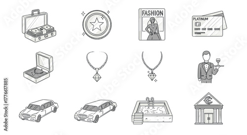 Luxury lifestyle icons featuring fashion, finance, and leisure in linear style