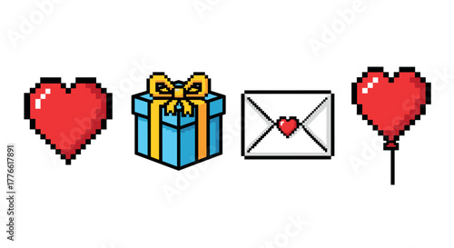 Retro pixel art heart, gift box, letter, and balloon icons with 8bit style