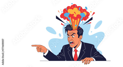 A frustrated businessman shouts and points as colorful thoughts and stress explode from his head, symbolizing intense pressure or creative overload.