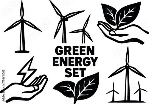 Green energy icons set with wind turbines and leaves representing sustainable power and eco friendly solutions vector collection