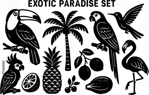 Exotic paradise set with tropical birds palm tree and fruits vector design for summer and nature themes