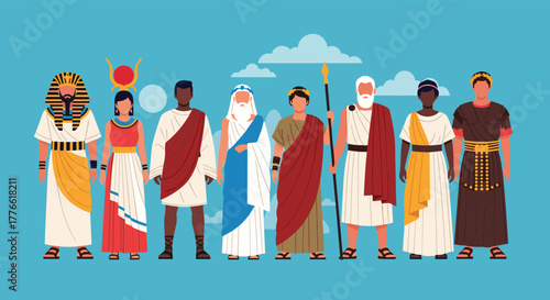 A diverse group of historical characters from ancient civilizations, dressed in traditional attire, standing together.