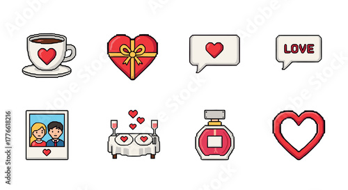 Pixel art valentine's day icons set with hearts and love elements