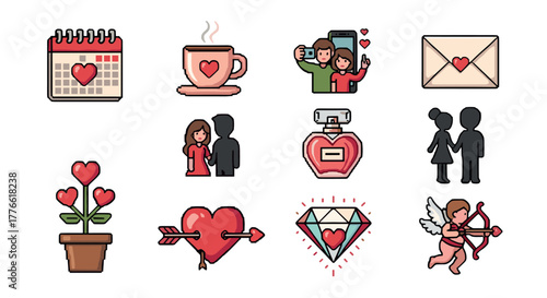 Romantic love icons collection featuring pixel art style for valentine's day themes