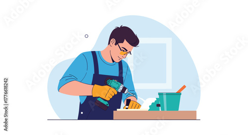 A diligent male craftsman, wearing safety gear, operates a power drill to work on wood, embodying hands-on construction and repair skills.