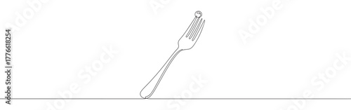 A continuous line drawing of a fork with a single olive impaled on one of its tines, presented in a minimalist style on a white background.