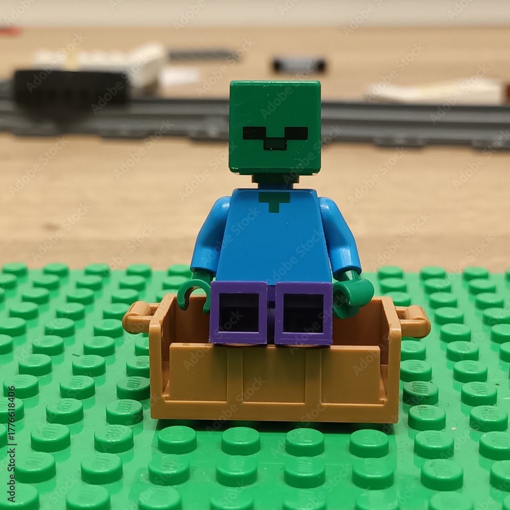 Naklejka premium LEGO Minecraft Zombie Figure Rides a Minecart on a Green Base Plate