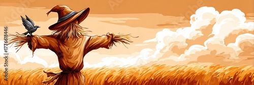 A scarecrow overlooks a golden wheat field at sunset as a bird rests on its shoulder, creating a serene autumn scene