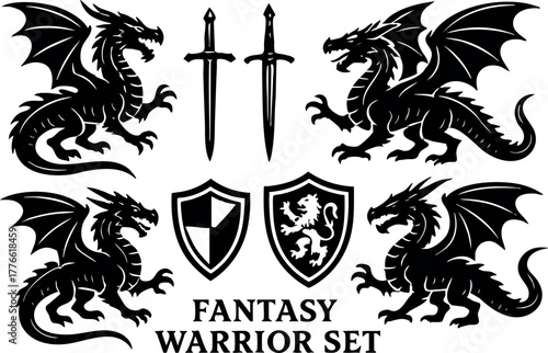 Fantasy warrior set with dragons, swords, and shields in black silhouette style for mythical and medieval design elements