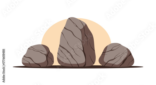 Three stylized grey rocks with visible crack patterns, casting shadows on a flat ground, set against a soft, circular beige background.