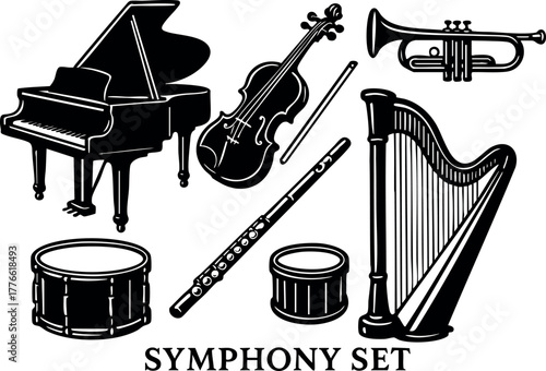 Symphony set with piano violin trumpet flute harp and drums vector illustration black silhouette musical instruments collection