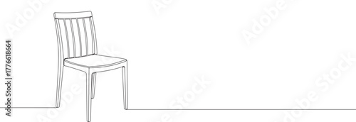 A continuous line drawing of a contemporary dining chair with a slatted backrest, showcasing a minimalist and clean aesthetic against a white background.