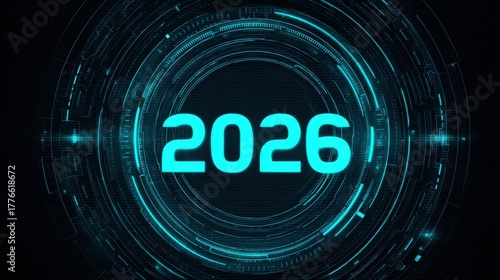 Futuristic digital representation of the year 2026 with glowing blue numbers and circular abstract pattern on a dark background for sci-fi themes