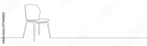 A continuous line drawing of a contemporary dining chair with a slatted backrest, showcasing a minimalist and clean aesthetic against a white background.