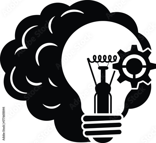 Brain Light Bulb Gears Concept Silhouette on Transparent Backdrop Vector Illustration