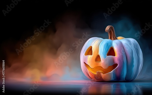 Brightly lit pumpkin with a smiling face sits on a reflective surface, creating a festive Halloween mood in the dark