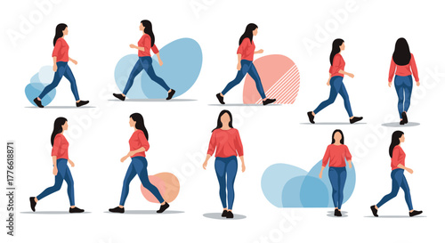 A series of vector illustrations depicting a young woman walking, showcasing different angles and stages of movement.