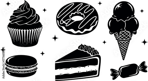 Sweet dessert collection featuring cupcake donut ice cream macaron cake and candy vector illustration