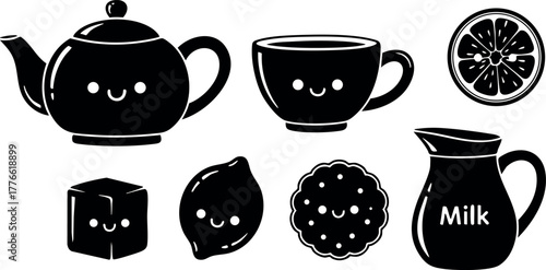 Cute black silhouette tea set with teapot cup milk jug cookies and lemon slice vector illustration